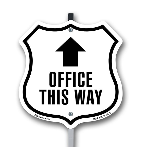 Office This Way Up 12 inch X 12 inch Shield Shaped Rust-Free Aluminum Metal Sign with Aluminum Mounting Stake Weather Resistant Made in the USA