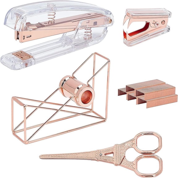 Office Tool Sets Including Iron Office Stapler & Claw Staple Remover & Tape Dispenser Stainless Steel Scissors and Brass 24/6 Standard Staple Rose Gold 8pcs/box
