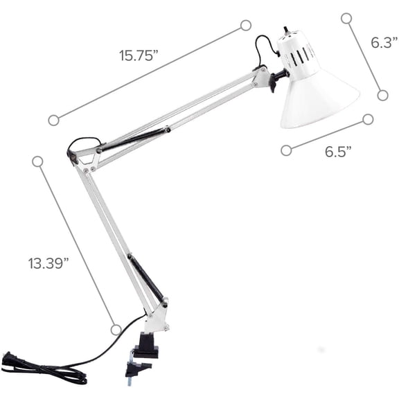 Office VLF100-WHT Swing Arm Desk Lamp with Clamp Mount, 36" Reach with Multi-Joint Adjustment, Includes Replaceable LED Bulb (VLF), White