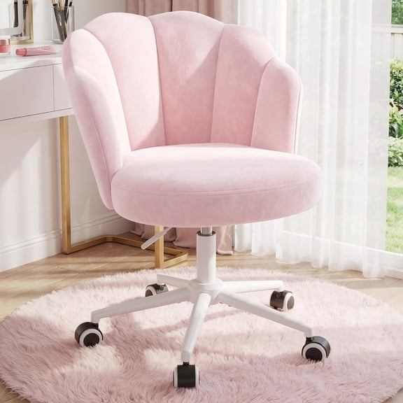 Office Vanity Chair with Wheels, Desk Chair with Back, Armless Home Office Desk Chair Hight Adjustable & 360 Swivel, Makeup Task Chair for Bedroom, Study Room, Blush Pink