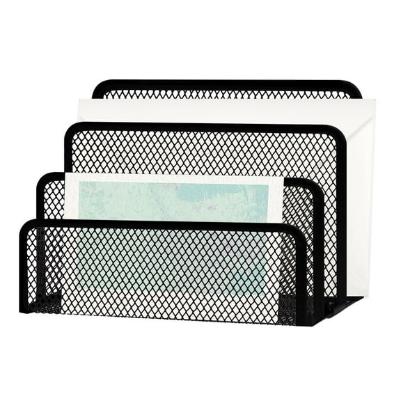 Office Vertical Desk File Organizer, Mesh Metal Mail Organizer Countertop with 3-Slot, Multifunctional Mail File Holder for Filing Folders Paper Letters, Black
