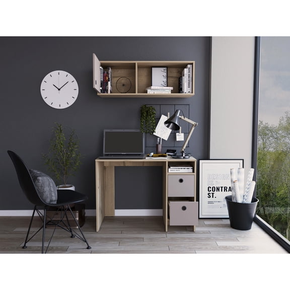 Office - Wall Mounted Cabinet With Two Shelves, Drawers In Multicolor Oak / Taupe For Interior Drawers, Workspace