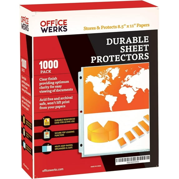 Office Werks 1000 Sheet Protectors, 8.5 X 11 Inch Clear Page for 3 Ring Binder, 35 Micron Plastic Sheet Sleeves, Durable Top Loading Paper Protector with Reinforced Holes Archival Safe
