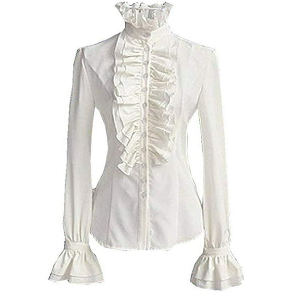 Office Women Lady Shirt Frilly Ruffle Tops Flounce Formal Shirts Black White OL Blouse Clothes Plus Size S-2XL