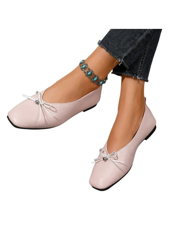 Office Work Shoes, Women's Bow Accent Square Toe Flats Comfortable Low Profile Dress Shoes with Flexible Walking Sole and Easy Style Office Work Shoes Ballet Commuter Shoes Flats, Pink US-8/EU-40