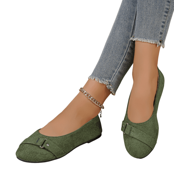 Office Work Shoes, Women's Buckle Detail Flats Comfortable Low Profile Dress Shoes with Flexible Walking Sole and Easy Everyday Style Flat Sole Shoes Ballet Commuter Shoes Flats, Green US-5/EU-36