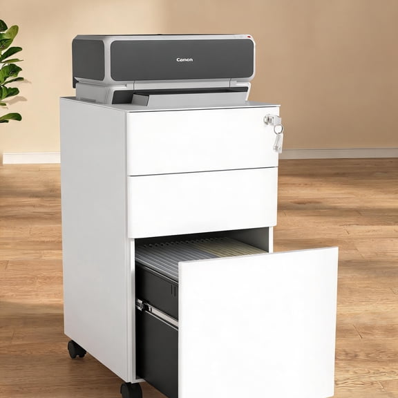 Office and Home Use Mobile 3-Drawer File Cabinet White Finish All-Steel Lockable Rolling Storage