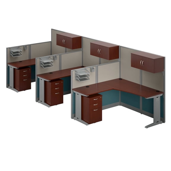 Office in an Hour 3 Person L Cubicle Desk Set in Hansen Cherry - Engineered Wood