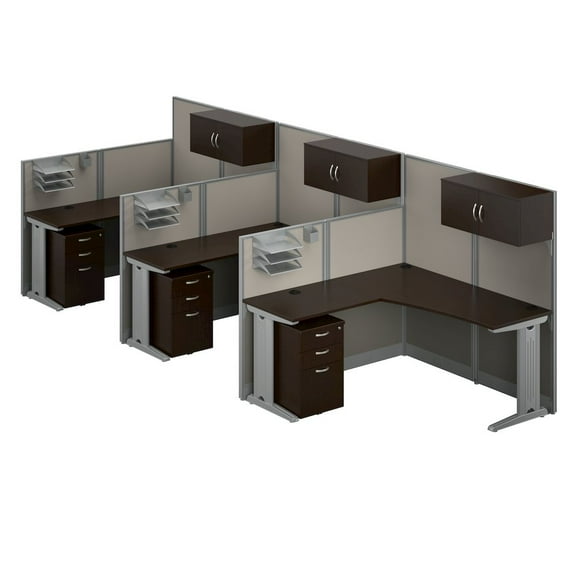 Office in an Hour 3 Person L Cubicle Desk Set in Mocha Cherry - Engineered Wood