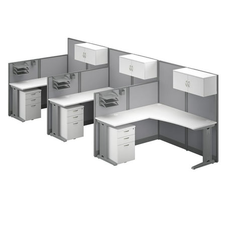 Office in an Hour 3 Person L Cubicle Desk Set in Pure White - Engineered Wood