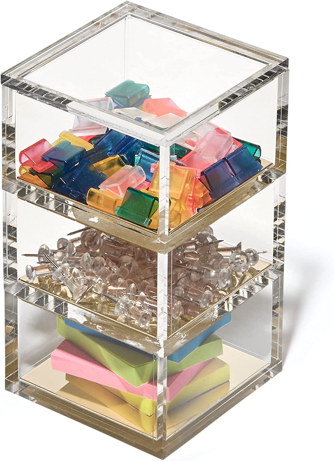 OfficeGoods 3 Tier Stackable Square Acrylic Organizer with Gold Base