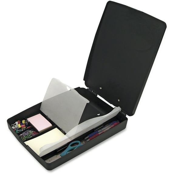 OfficeMate Extra Storage & Supply Clipboard Box Low-Profile Clip, Plastic Charcoal, 6 Compartments