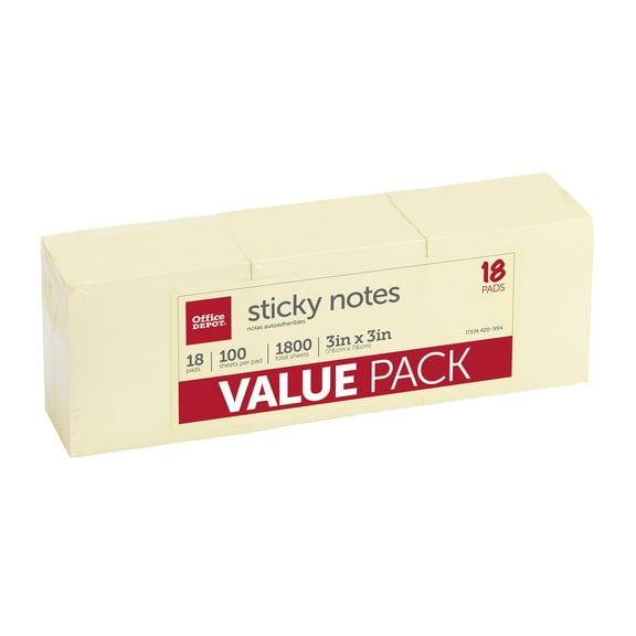OfficeMax 3" x 3" Light Yellow Removable Notes, 18/pk