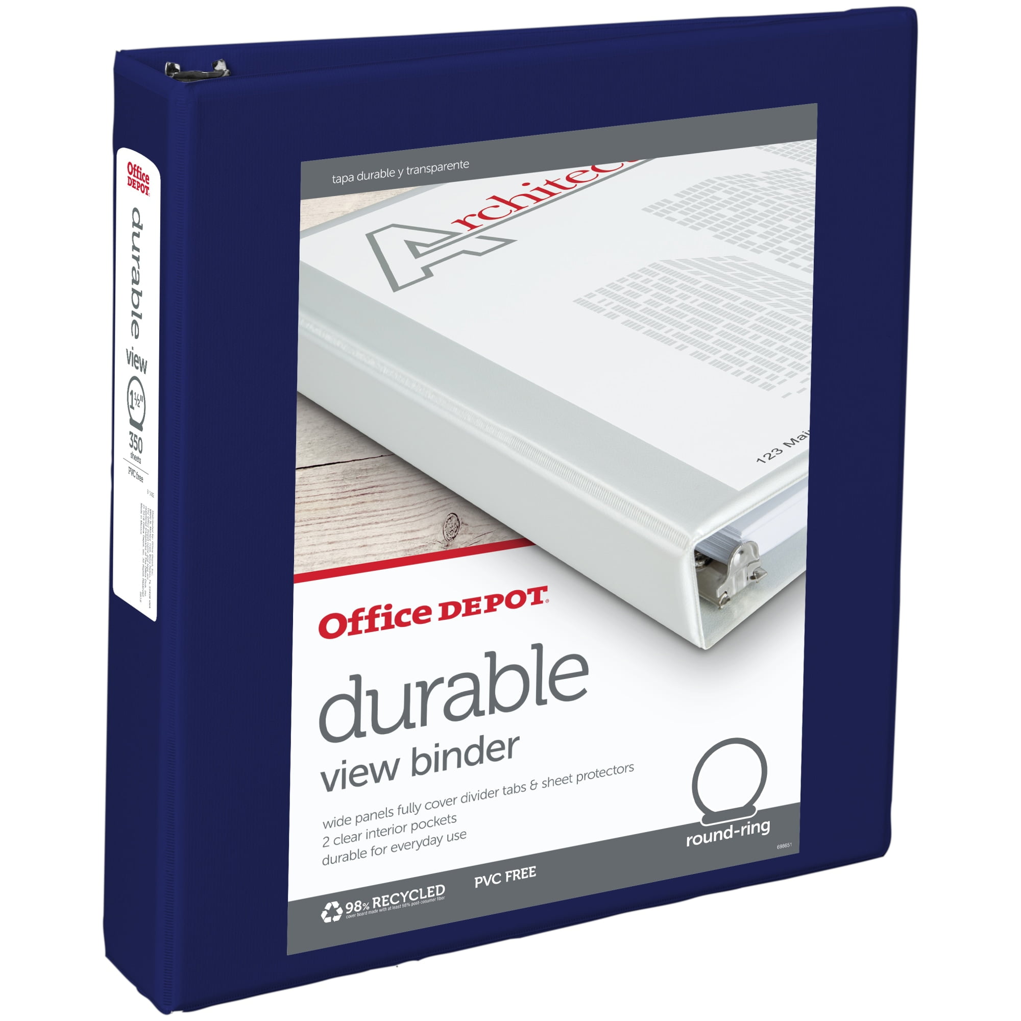OfficeMax Durable View Binders with Round Ring 11/2", Blue