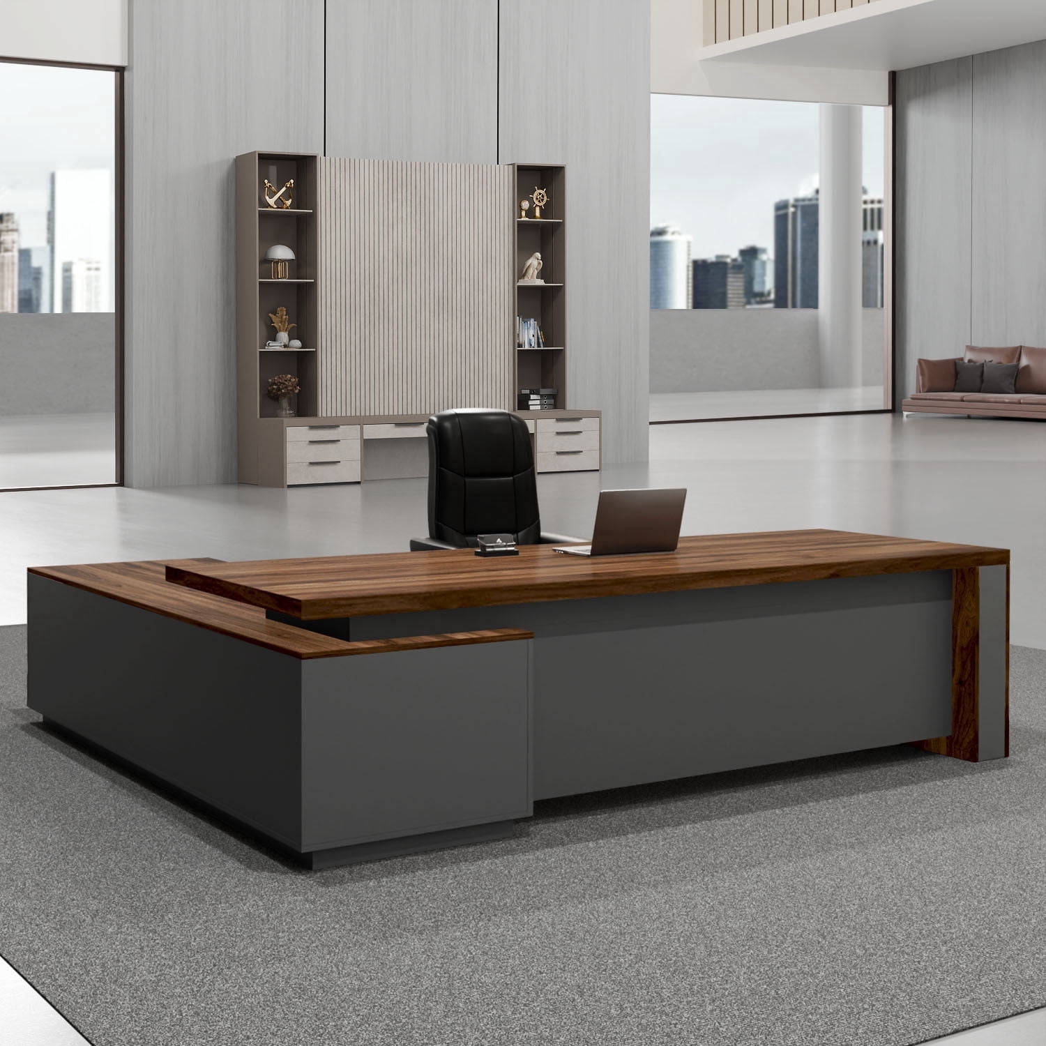 OfficeSimpli L Shaped Executive Desk with Drawers - 64x63x30 Inch - Made in USA - Ship Mostly Assembled - Home Office Workstation, Business Furniture, CEO Desk Table with Lockable Storage - Walnut