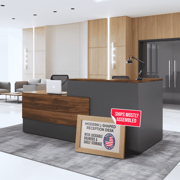OfficeSimpli L Shaped Reception Desk with Counter - 78.5x40.5x42 Inch - Made in USA, Ship Mostly Assembled, Front Desk Reception Counter for Office, Lobby, and Salon - California Walnut