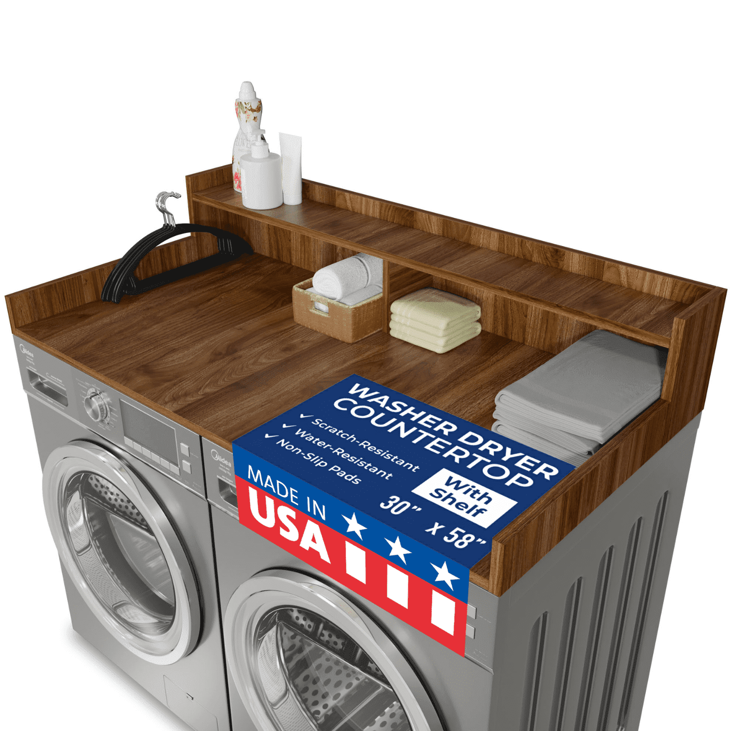 OfficeSimpli Large Washer Dryer Countertop with Shelf, 30 x 58 Inch Made in USA Laundry Countertop Over Washer and Dryer with Non-Slip Pads, Storage Shelf, Laundry Topper Organizer, California Walnut