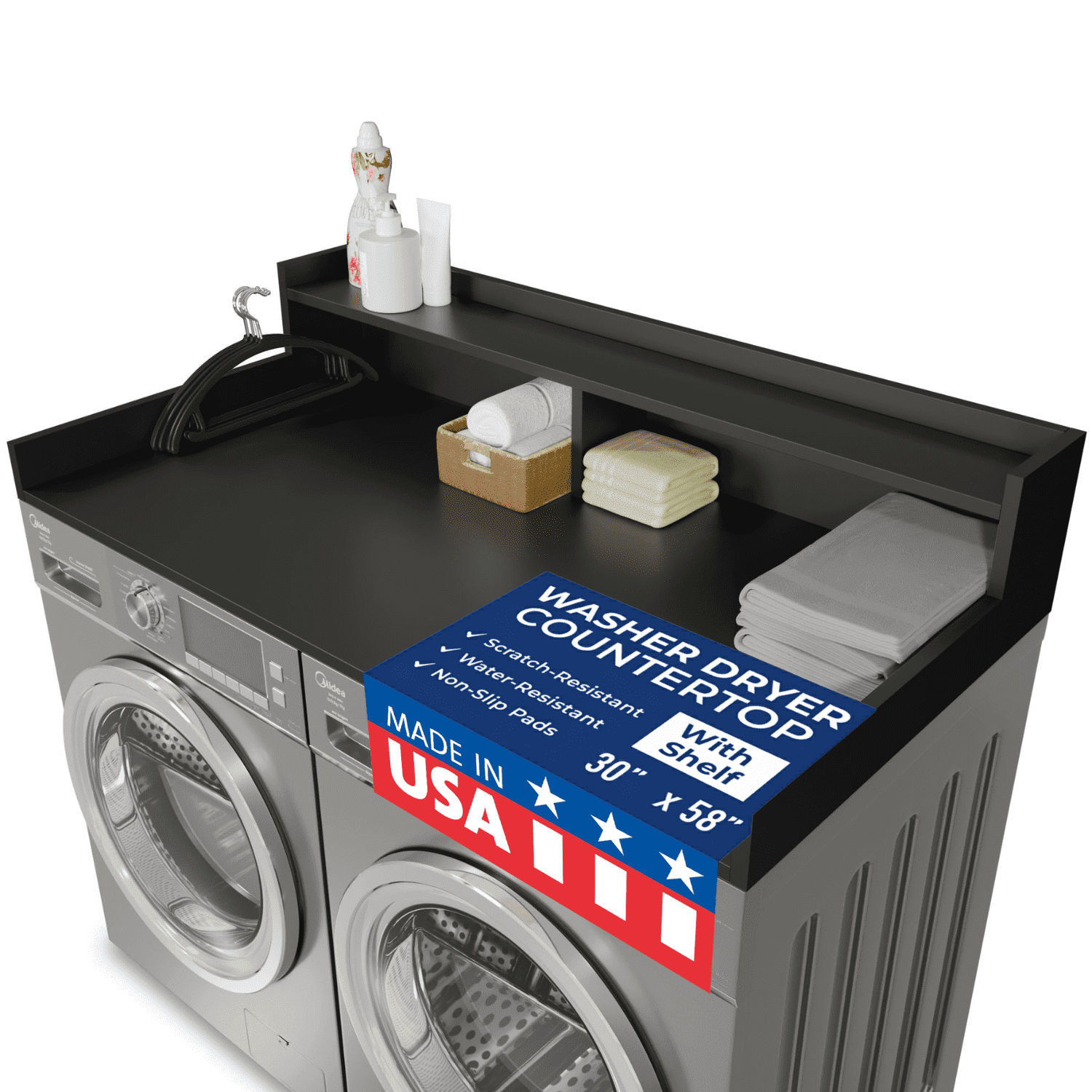 OfficeSimpli Large Washer Dryer Countertop with Shelf - 30 x 58 Inch - Made in USA Laundry Countertop Over Washer and Dryer with Non-Slip Pads, Storage Shelf, Laundry Topper Organizer, Black