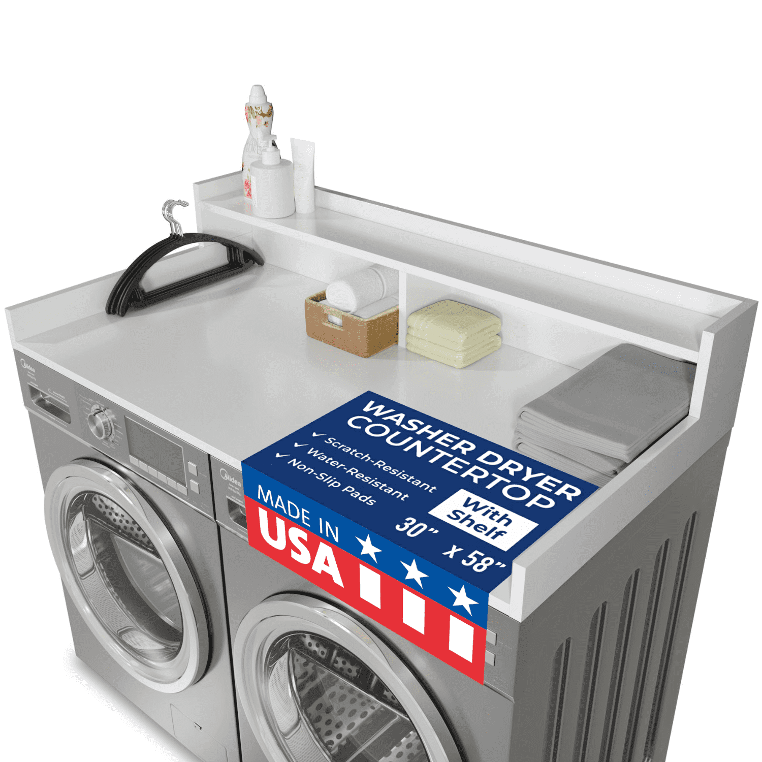 OfficeSimpli Large Washer Dryer Countertop with Shelf - 30 x 58 Inch - Made in USA Laundry Countertop Over Washer and Dryer with Non-Slip Pads, Storage Shelf, Laundry Topper Organizer, Gracier White