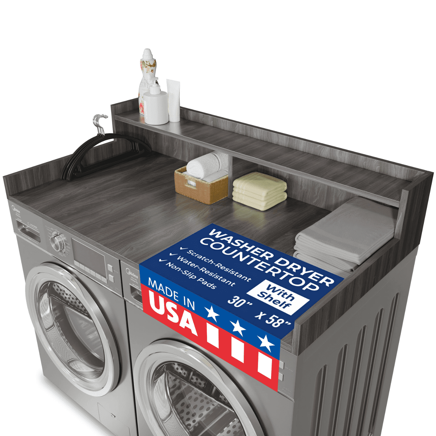 OfficeSimpli Large Washer Dryer Countertop with Shelf - 30 x 58 Inch - Made in USA Laundry Countertop Over Washer and Dryer with Non-Slip Pads, Storage Shelf, Laundry Topper Organizer, Iconic Maple