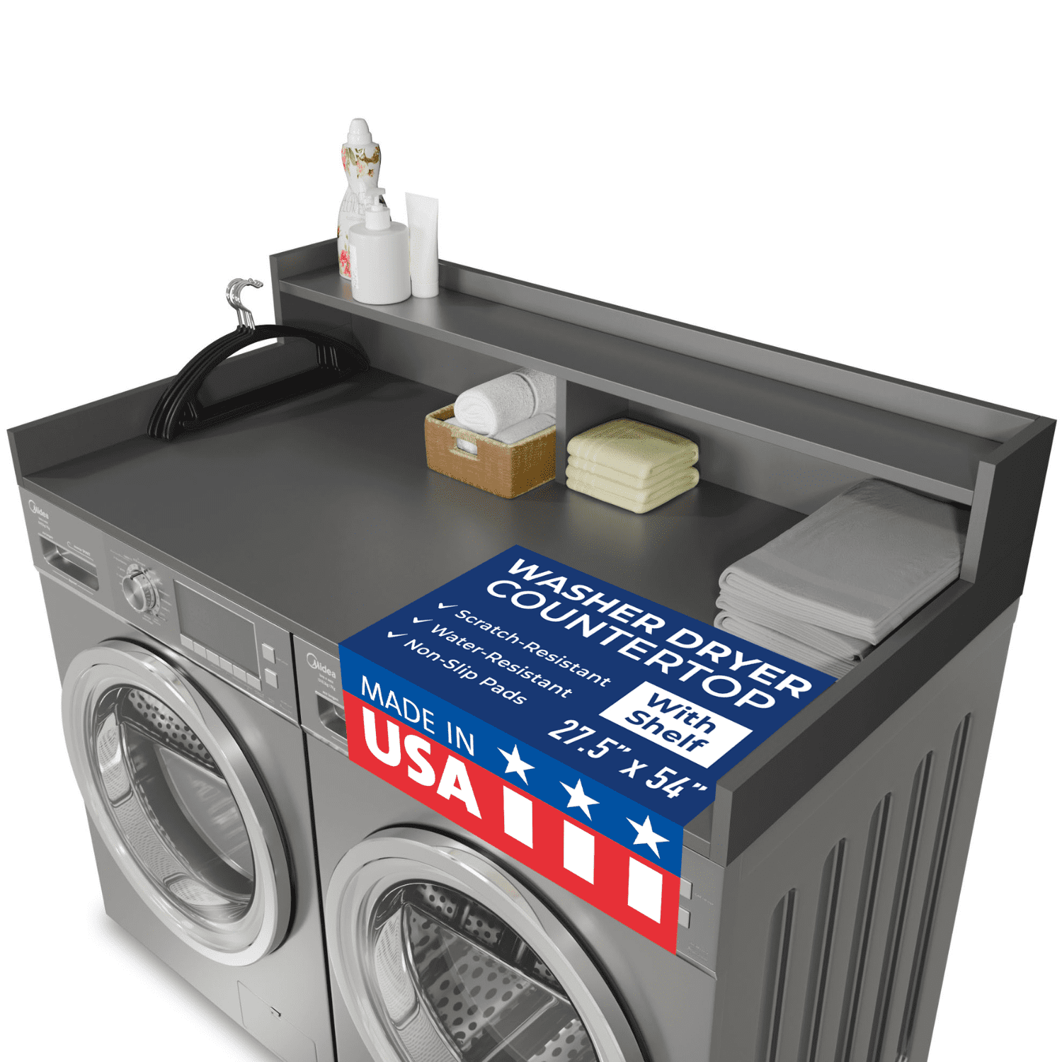 OfficeSimpli Washer Dryer Countertop with Shelf - 27.5 x 54 Inch - Made in USA Laundry Countertop Over Washer and Dryer with Non-Slip Pads, Storage Shelf, Laundry Topper Organizer, Grey