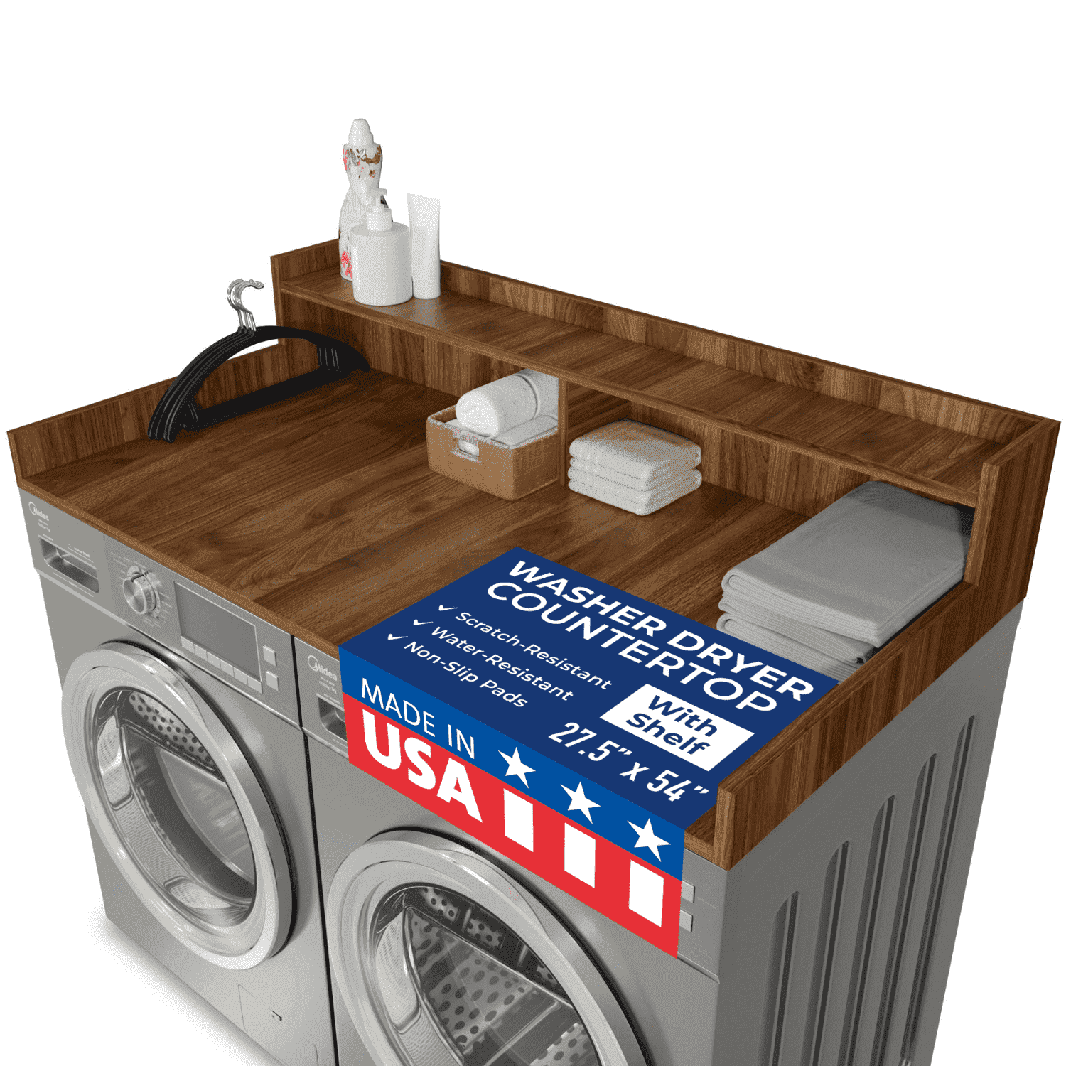 OfficeSimpli Washer Dryer Countertop with Shelf - 27.5 x 54 Inch - Made in USA Laundry Countertop Over Washer and Dryer with Non-Slip Pads, Storage Shelf, Laundry Topper Organizer, California Walnut