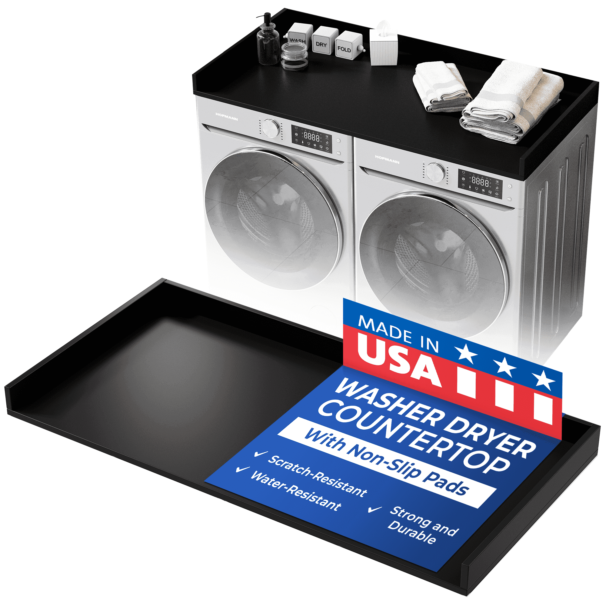 OfficeSimpli Washer Dryer Countertop w Non-Slip Pads, Made in USA, Laundry Room Wood Topper, Washer Dryer Cover for Top, Laundry Guard, Laundry Countertop, Laminate Finish, (Black), Large