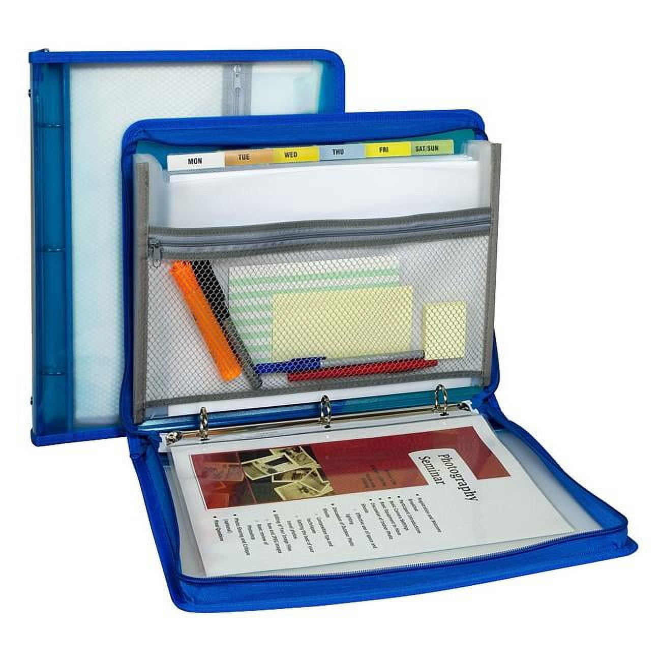 OfficeTop Letter Size 3-Ring Zippered Binder with Expanding File, Black & Blue