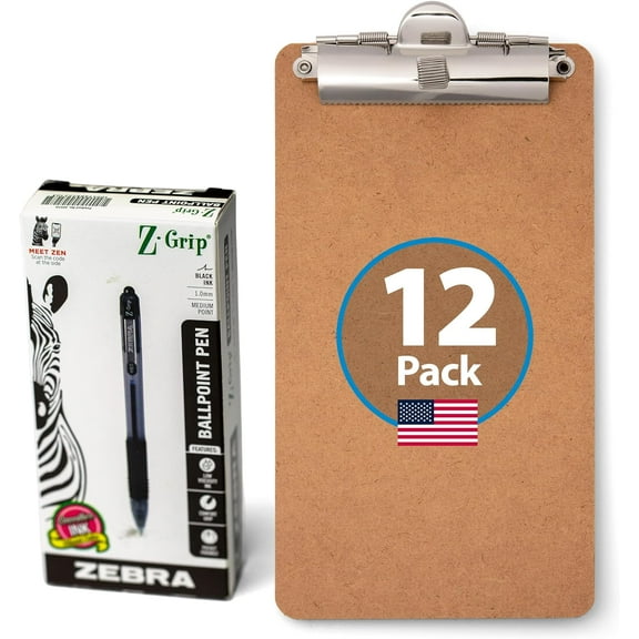 Officemate 5" x 9" Clipboard for Receipts, Low Profile Metal Clip & Pen Holder on Top, Memo Size for Restaurants, Hotels, Food Trucks, Bars, Schools, 12 Clipboards + 12 Zebra Pens (8