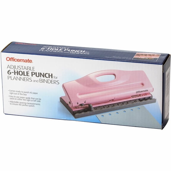 Officemate Adjustable 6-Hole Punch, 8 Sheet Capacity, Paper Punch for Planners and Binders, Mini/Pocket, A6, Personal, A5 and Half Letter Paper, Pink