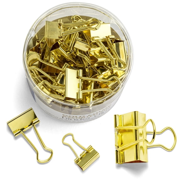 Officemate Assorted Size Binder Clips, 6 Medium, 12 Small & 12 Mini Binder Clips, Full Metal with Gold Tone Finish, Includes Reusable Tub, 30-Count