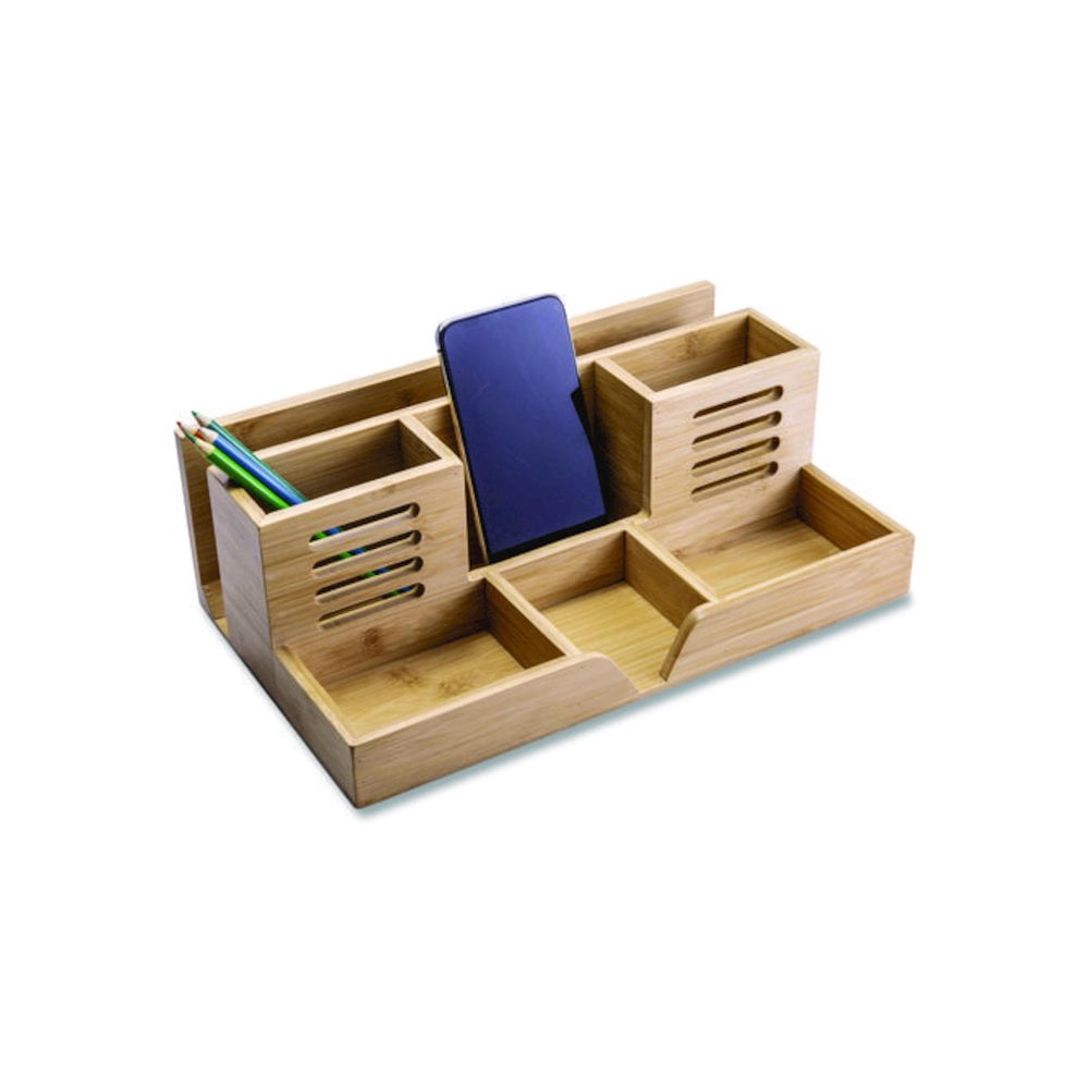 Officemate 71001 Bamboo Desk Organizer, 7 Compartments, 14.09 X 8.62 X 5.28, Natural Wood Grain, Bamboo