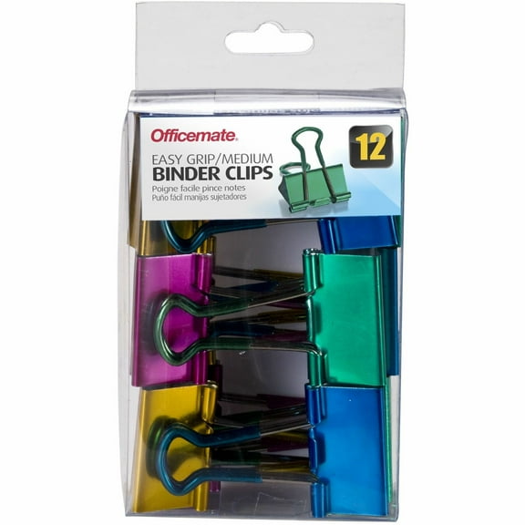 Officemate 31054 Medium Easy Grip Binder Clips, 2.6" Length x 1.3" Width, Assorted Metallic, 12 / Pack
