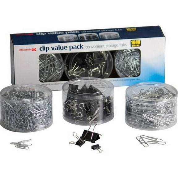 Officemate Clip Value Pack - Jumbo - No. 2 - 13" Width - 10 Sheet Capacity - for Document, Paper - Smooth, Reusable, Storage Tub - 1Each - Black, Silver - Metal | Bundle of 5 Each