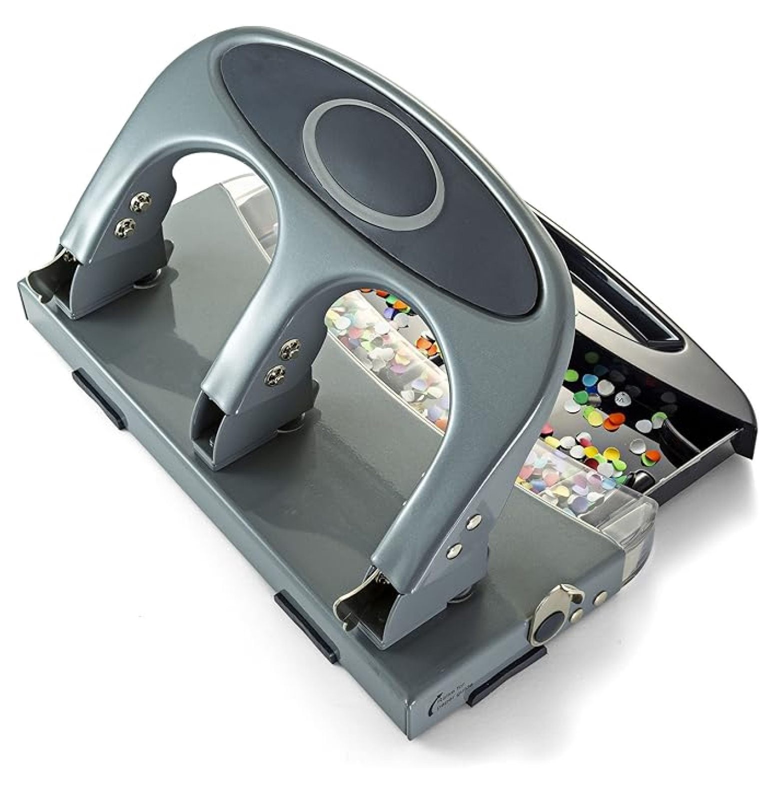 Officemate Deluxe 3-Hole Punch, Heavy Duty, with Chip Drawer, 45 Sheet Capacity (90100), Silver/Navy