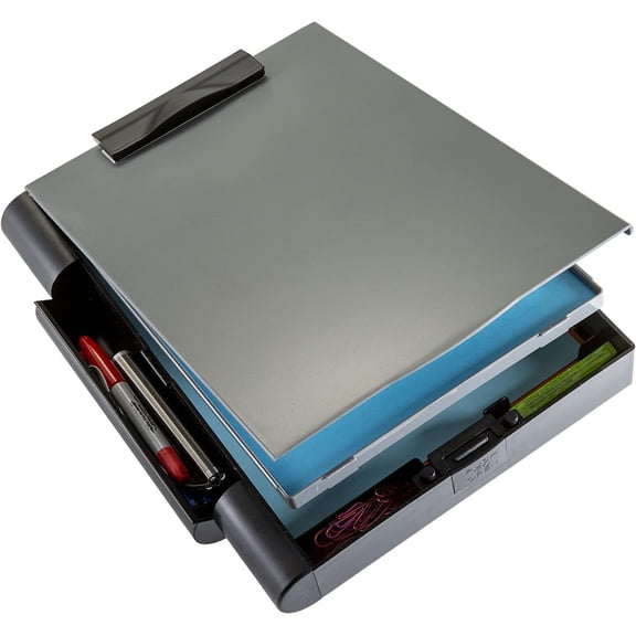 Officemate Double Storage Clipboard, Form Holder with 2 Compartments, Magnetized Storage, Pen Holder & Clip, Letter Size, Recycled Plastic, Gray/Black (83357)