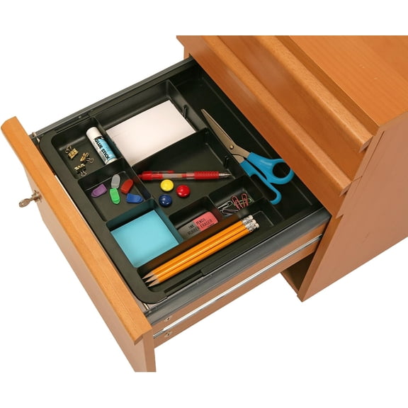 Officemate Expandable Drawer Organizer Tray, Adjustable 10.3"16" Width, Customizable Compartments with Dividers, Recycled Plastic, Black