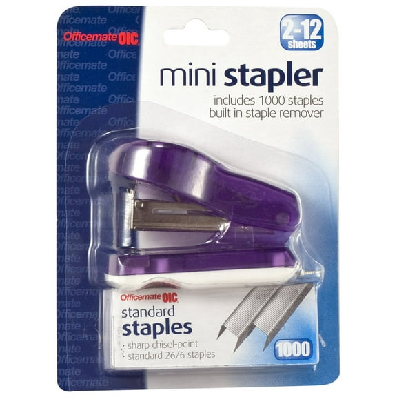 Officemate Mini Stapler with 1000 Standard Staples, Comes in Assorted Colors - Red/Blue/Green/Purple (97753)