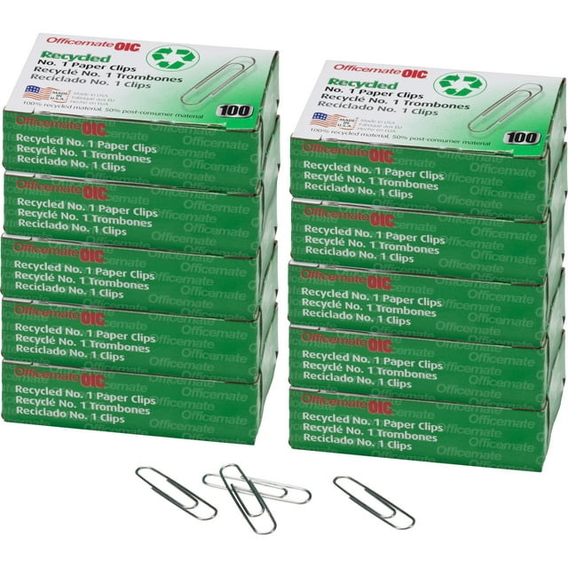 Officemate Recycled No. 1 Paper Clips, Silver, Pack of 10 Boxes of 100