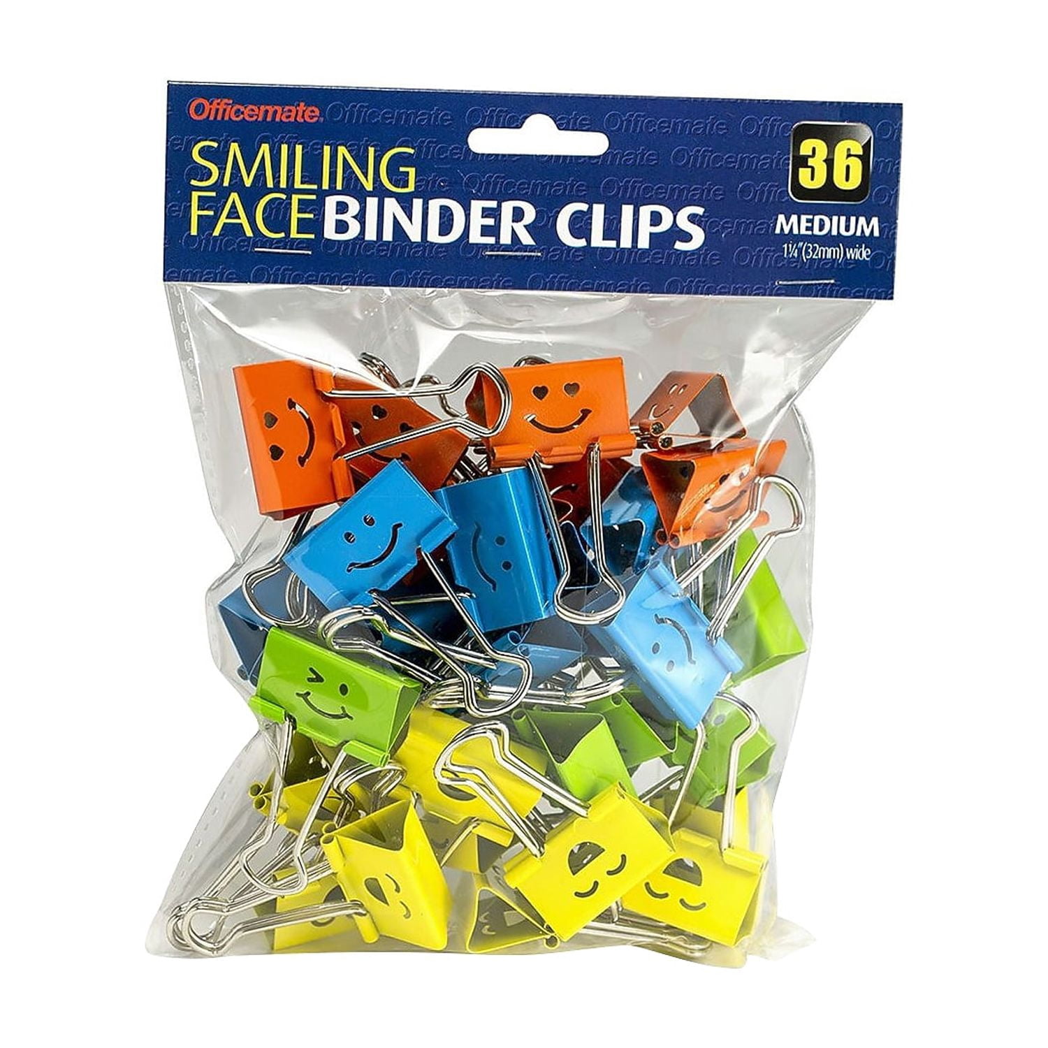 Officemate 31095 Smiling Face Binder Clips, Medium, Assorted Colors, 36 Pcs