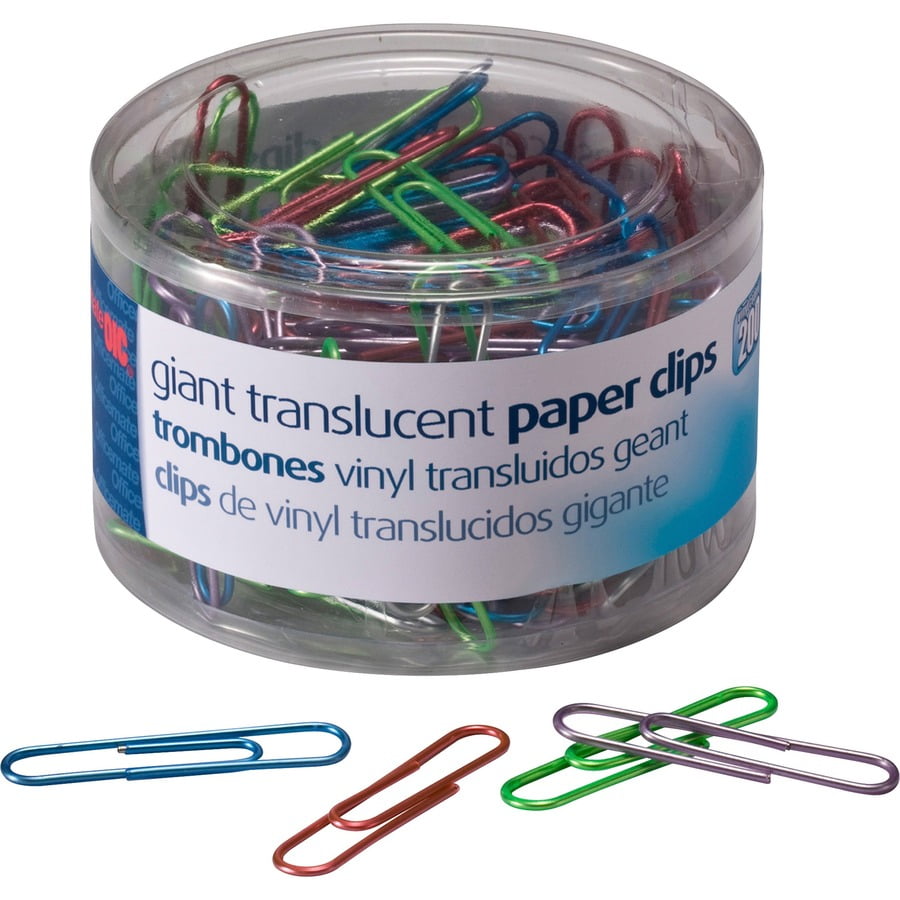 Officemate Translucent Vinyl Paper Clips - Giant - 200 / Pack - Blue, Red, Green, Silver, Purple | Bundle of 2 Packs