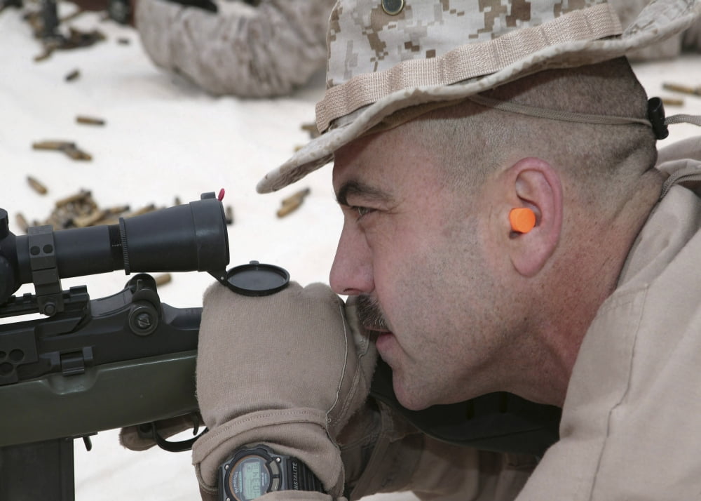 Officer sights in on the target with a Designated Marksmanship Rifle Canvas Art - Stocktrek Images (33 x 23)