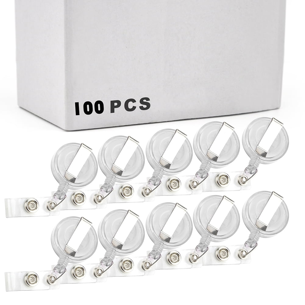 Officeship 100 Pcs Clear White Retractable Badge Holder, Retracting Card Reel