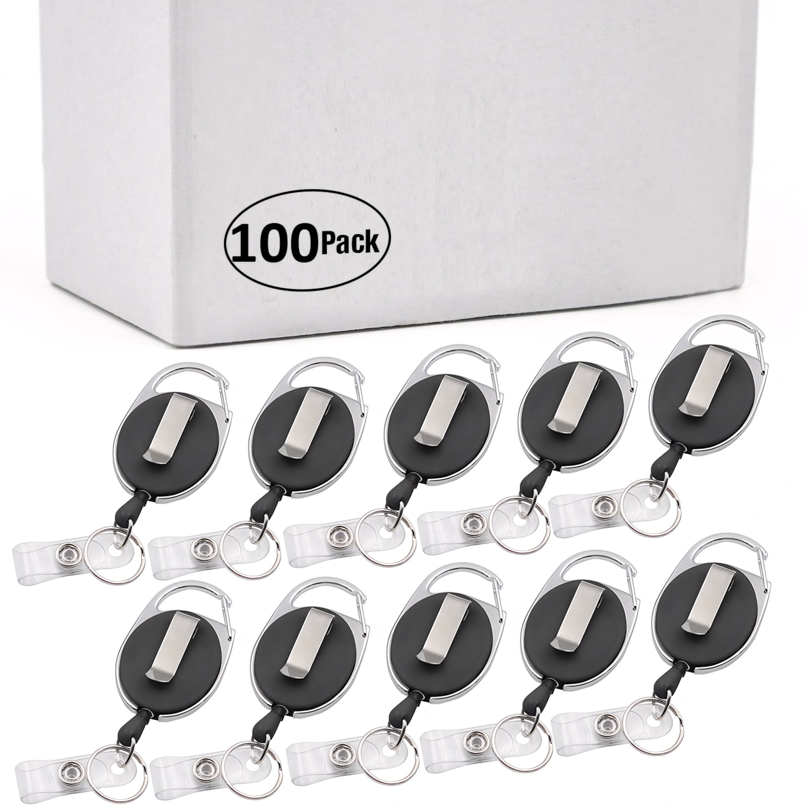 Officeship 100PCS Packed Retractable Badge Reel Carabiner ID Name Tag-Black With Back Splint
