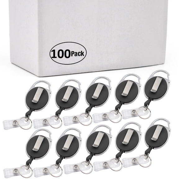Officeship 100PCS Packed Retractable Badge Reel Carabiner ID Name Tag-Black With Back Splint
