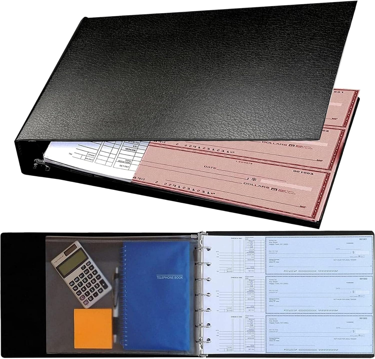 Officewerks Premium Check Binder for 3 on a Page Checks, Sleek Black Textured Vinyl Cover, 7 Ring w/Zip Pouch and Calendar, 600 Checks Capacity for 9" x 13" Sheets