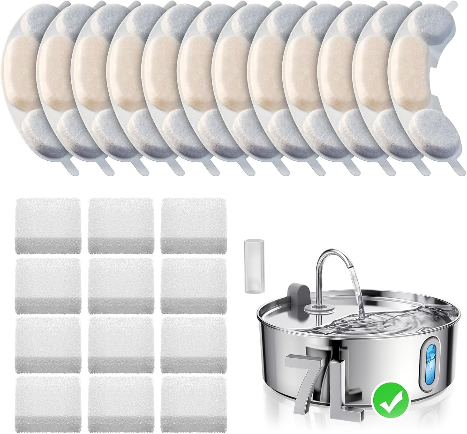Official 12 Packs Dog Water Filter Replacement and 12 Sponges with 1 Pump Holder for 7L/236oz/1.8Gal Stainless Steel Dog Water Fountain