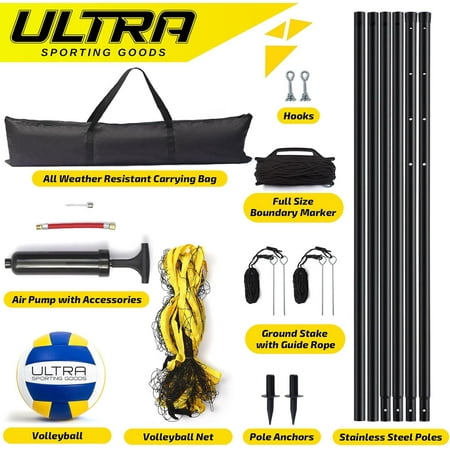 Outdoor Volleyball Net 32x3 Feet with Adjustable Poles and Soft PU for Backyard, Beach, Pool