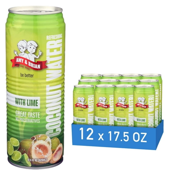 Official Amy & Brian Pure Coconut Water with Lime, 17.5 fl oz (pack of 12 Cans) | Non-GMO & No Added Sugar