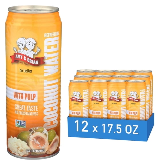 Official Amy & Brian Pure Coconut Water with Pulp, 17.5 fl oz (pack of 12 Cans) | Non-GMO & No Added Sugar